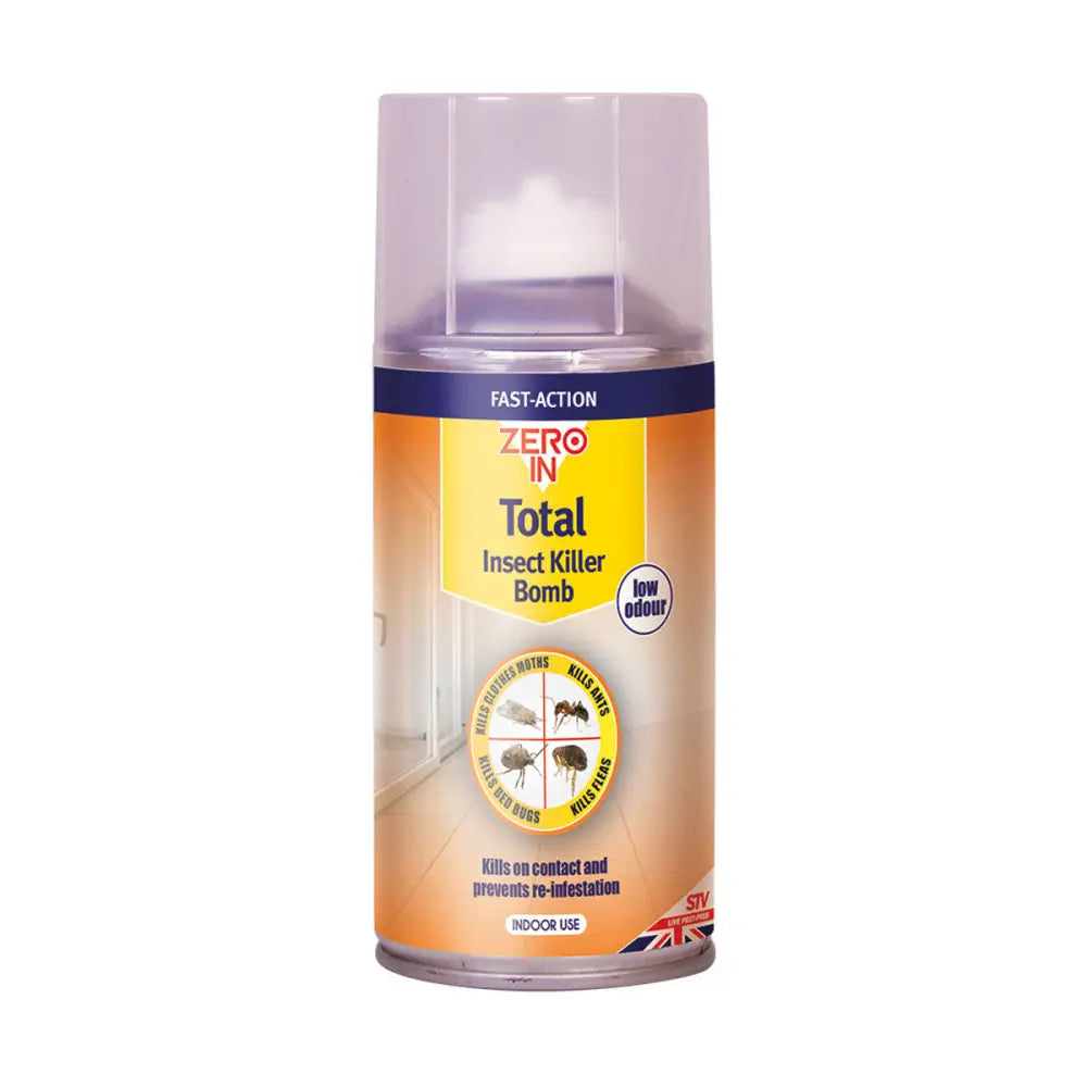 Orange and yellow stv total insect killer bomb with purple cap effective single shot insect killer bomb spray