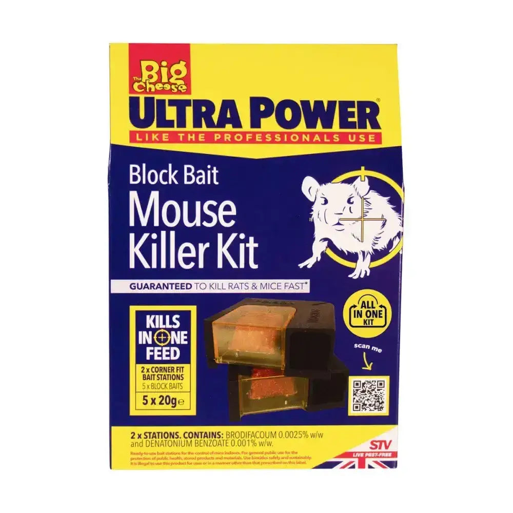 Big cheese stv ultra power mouse killer station kit with blue yellow box and black corner-fit power block bait