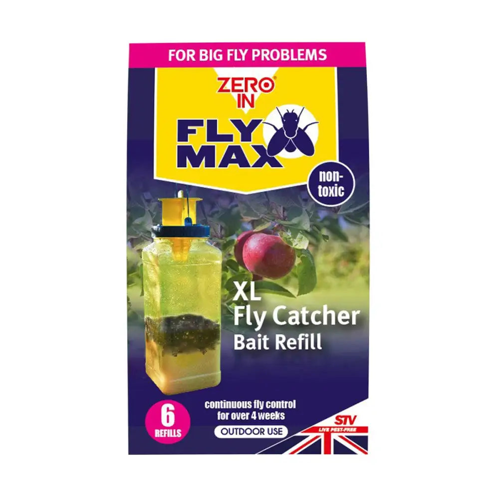 Zero in fly max xl fly catcher bait refill sachet pack with six non-toxic bait refill sachets for outdoor fly control