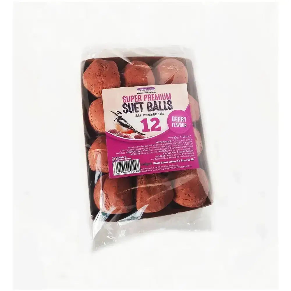 A pack of twelve super premium suet balls berry in clear plastic with pink label for providing wild birds feed