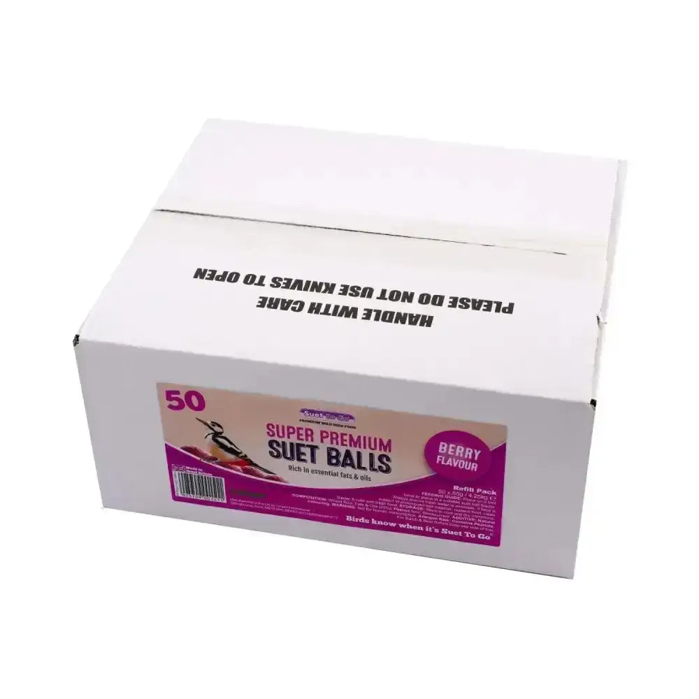 White cardboard box of suet to go super premium suet balls berry 50 pack with purple pink branding for providing wild birds