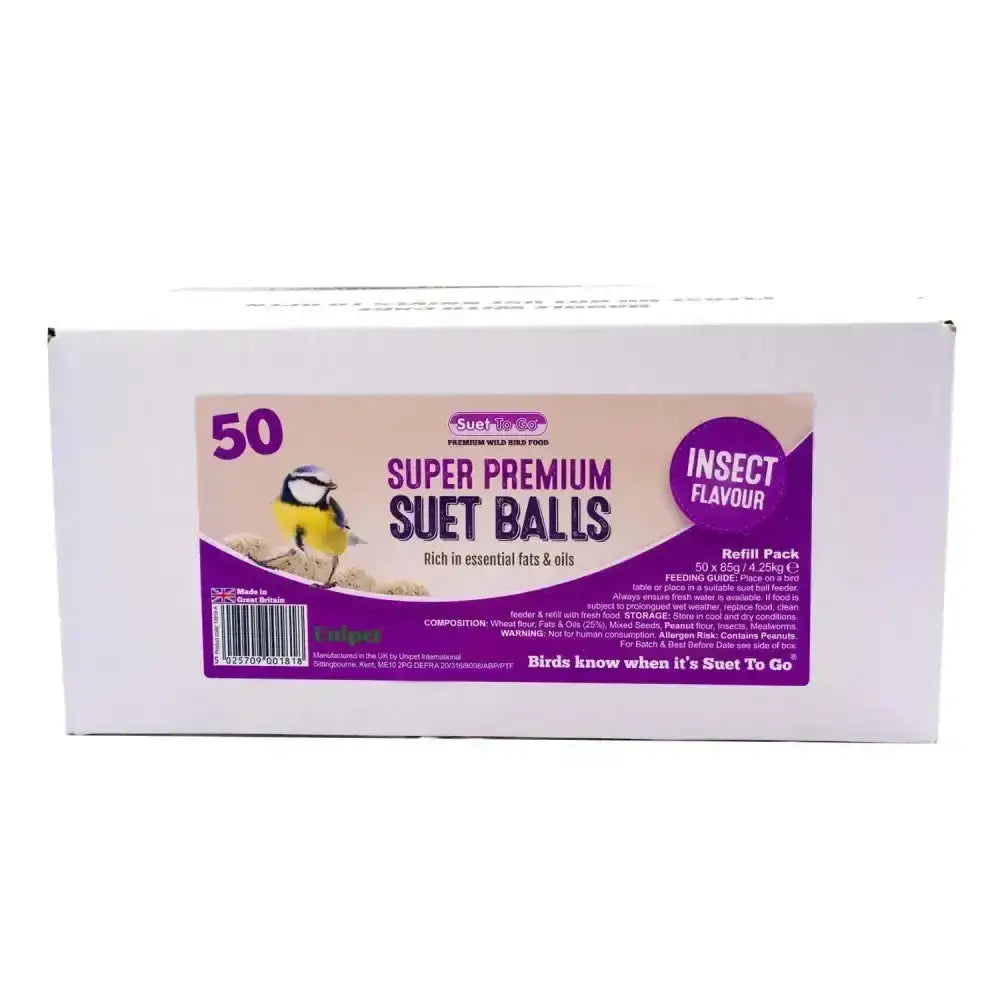 White cardboard box of suet to go super premium suet balls insect flavored bird feed with purple beige label and bird illustration