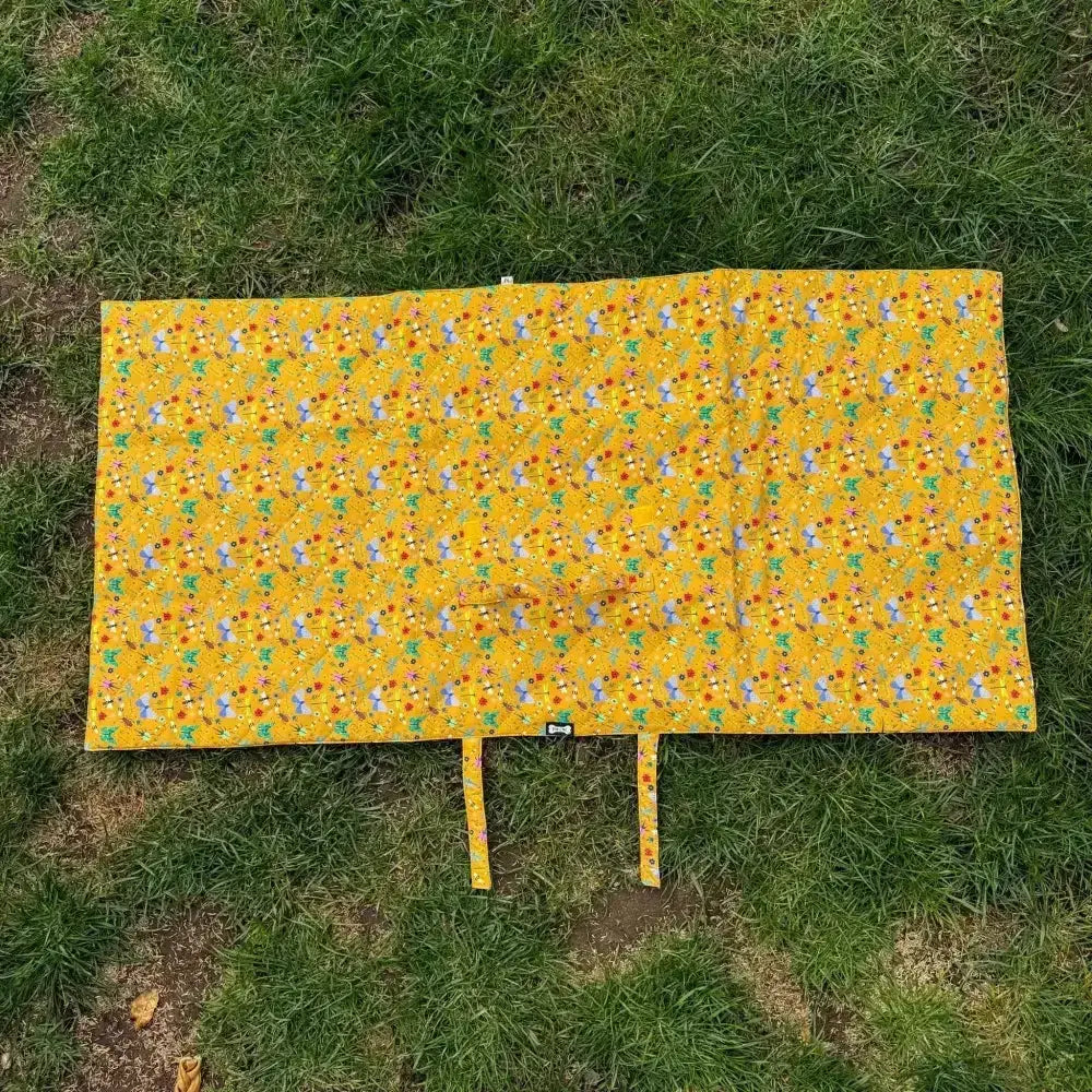 Summer buzzin dog lightweight waterproof mat in vibrant yellow with white birds green leaves and colorful flowers pattern