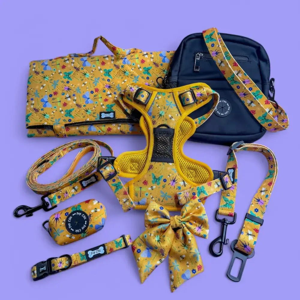 Yellow butterfly patterned dog harness with mesh panels and black buckles perfect for summer buzzin dog walks in mustard yellow