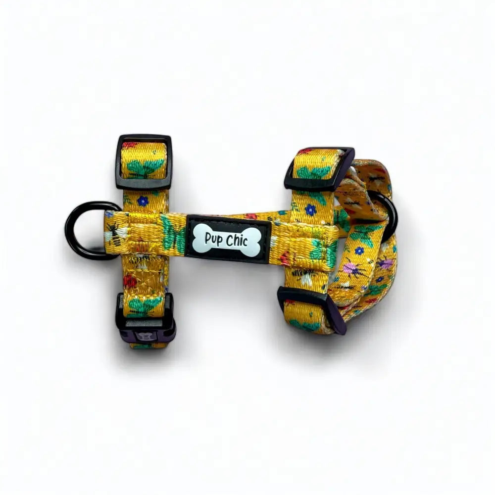 Summer buzzin puppy strap harness in vibrant yellow with green trees blue flowers red berries and pup chic tag for teacup puppies