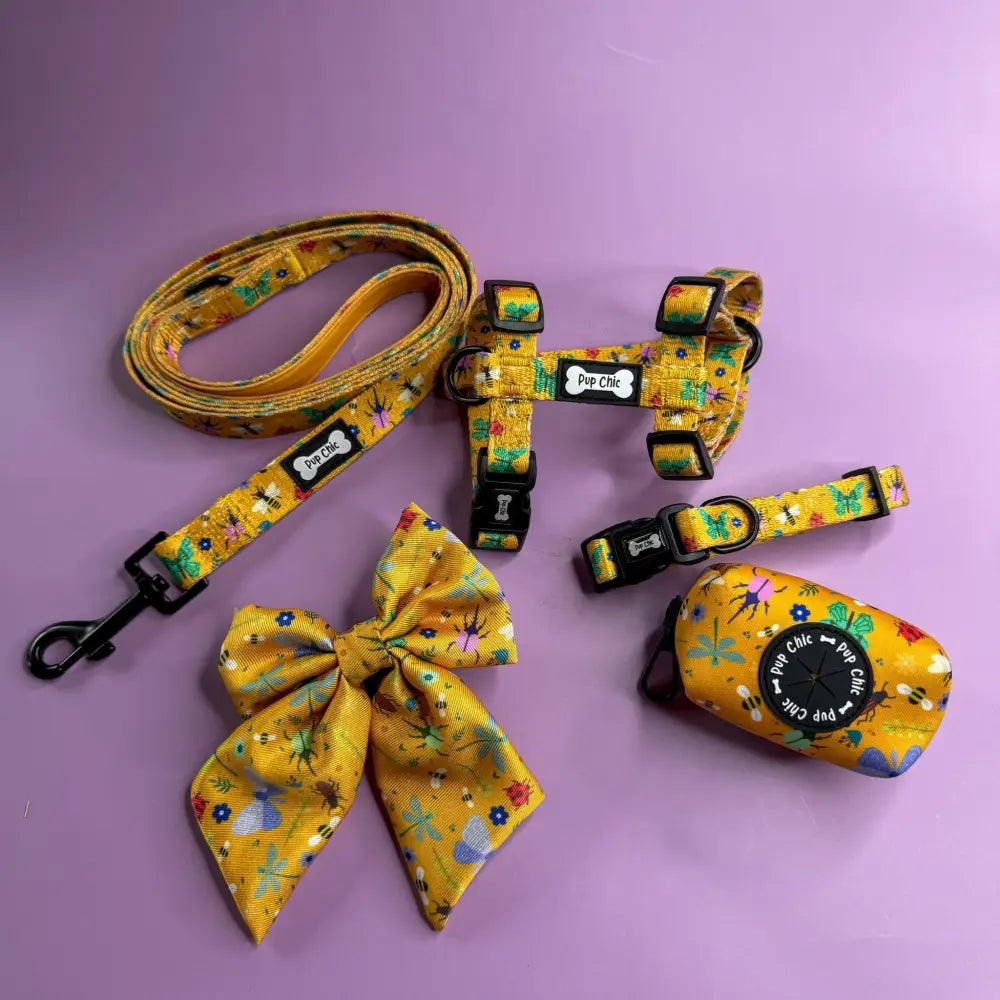 Yellow pup chic summer buzzin teacup puppies strap harness set with floral insect pattern and black hardware accents