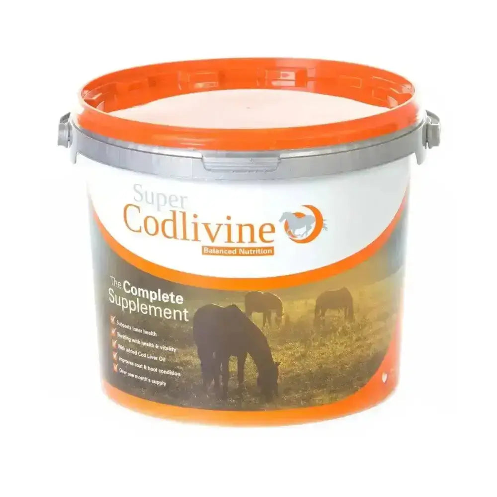 Orange and white plastic bucket with silver lid labeled super codlivine complete supplement supports broad spectrum horse health