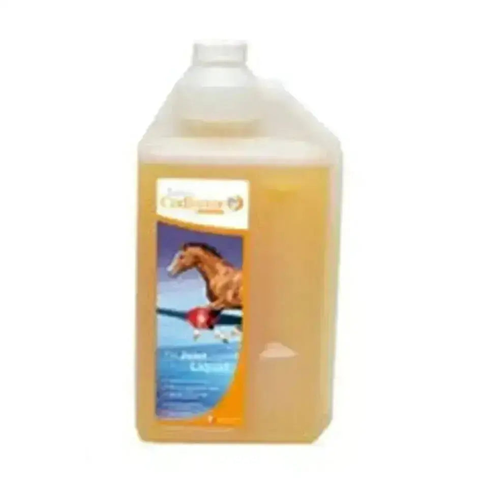 A translucent plastic bottle of super codlivine joint liquid with amber color and a horse label featuring evening primrose oil