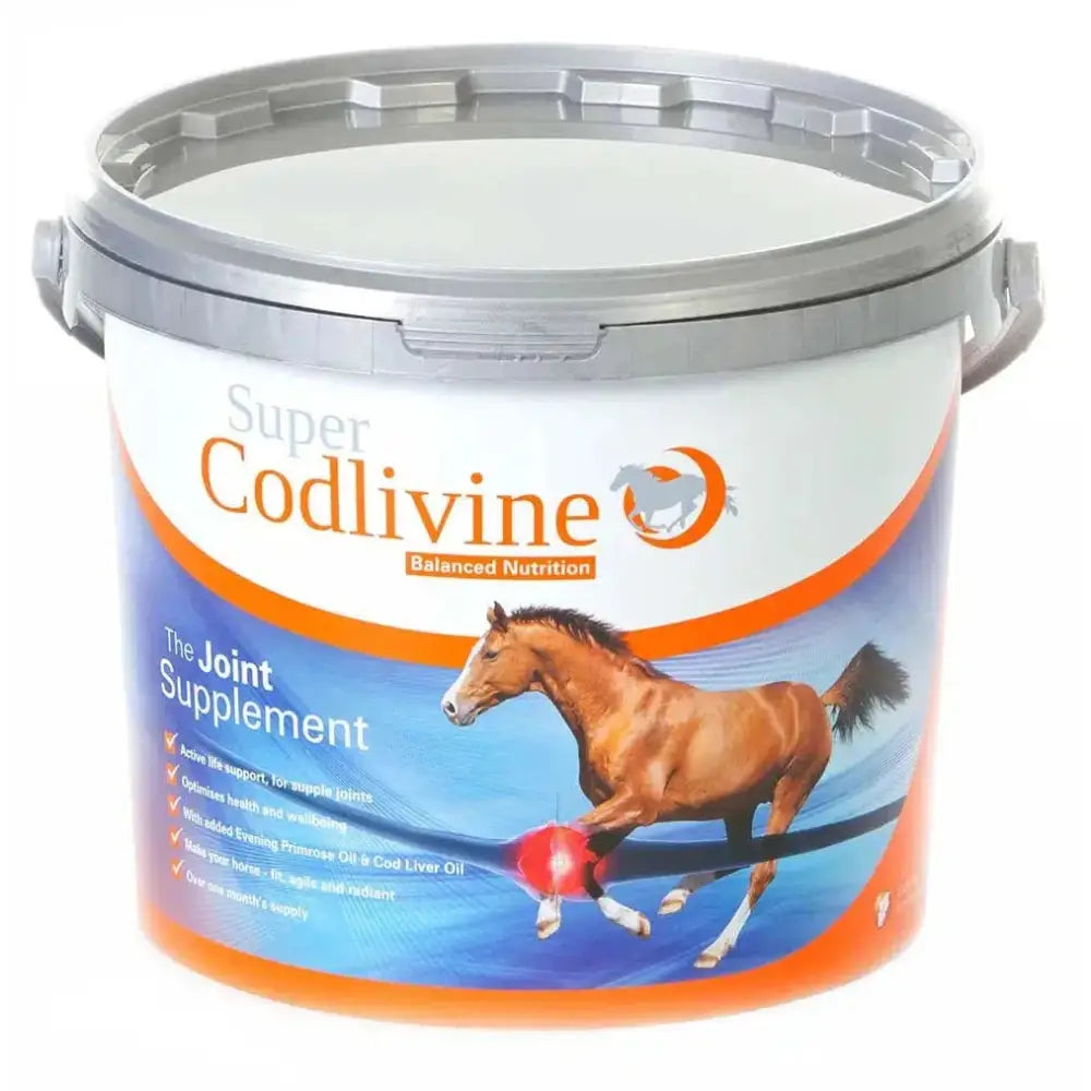 Super codlivine joint supplement in white and orange bucket with gray lid offers balanced broad spectrum joint support