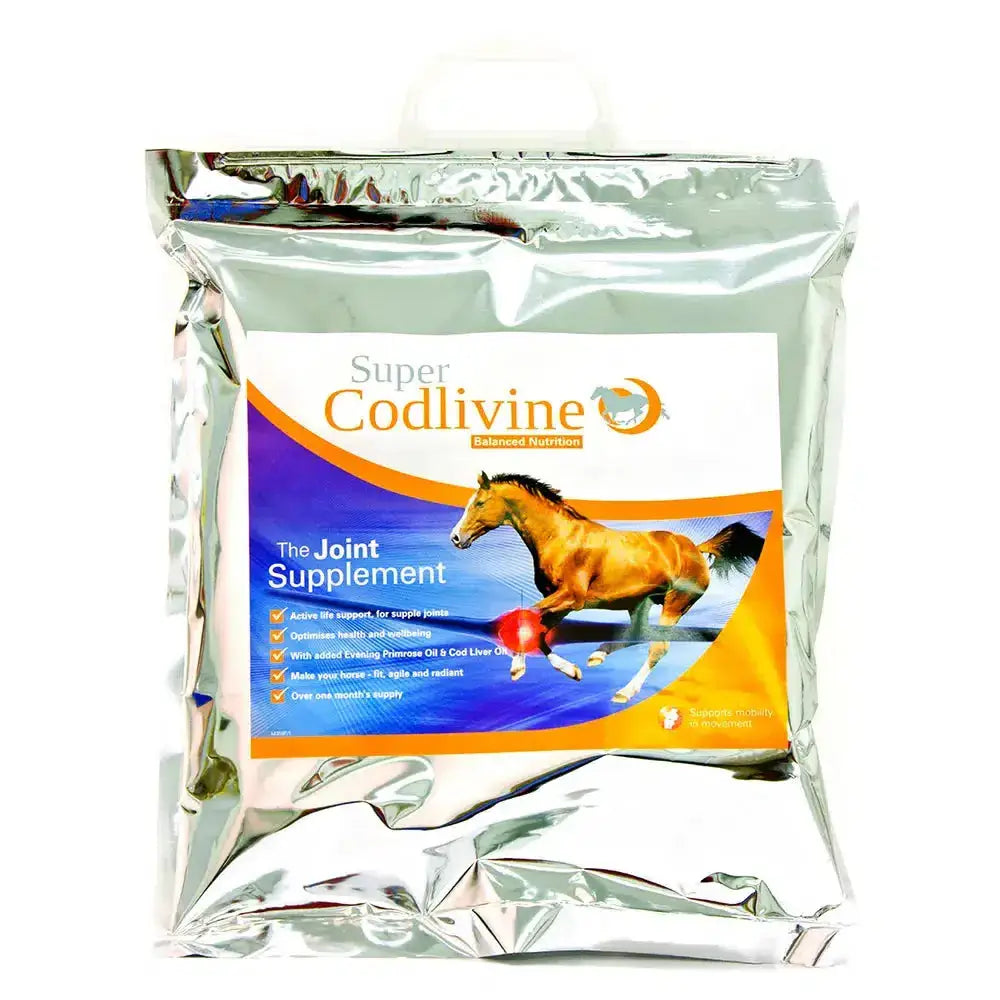 Silver foil pouch of super codlivine joint supplement helps horses with balanced broad spectrum orange blue label and running horse illustration