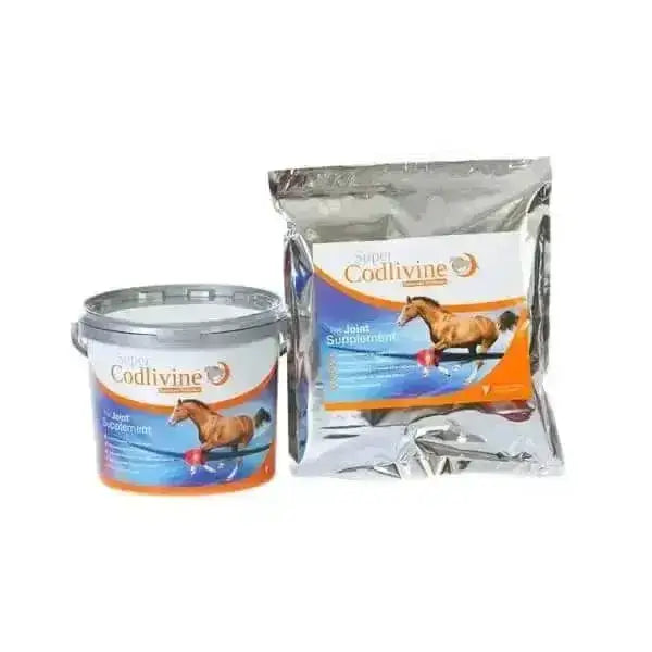 Super codlivine joint supplement in silver pouch and white bucket with orange horse image helps balanced broad spectrum care