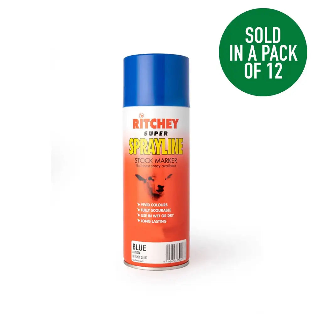 Blue ritchey super sprayline stock marker spray can with red and white label for marking livestock and surfaces