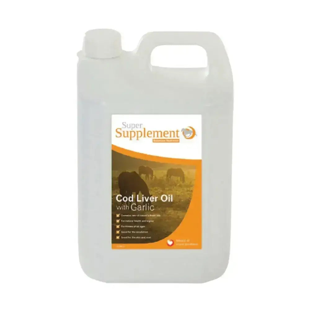 White plastic jug of super supplement cod liver oil with garlic nature’s finest oils for health support