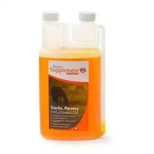 A clear plastic bottle with a white cap filled with orange super supplement garlic parsley and linseed oil in an easily absorbed form