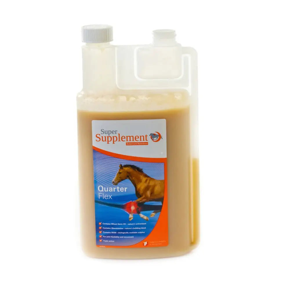 A translucent plastic bottle with amber liquid and white cap labeled super supplement quarter flex for equine joint supplements with wheat germ oil and triple action formula