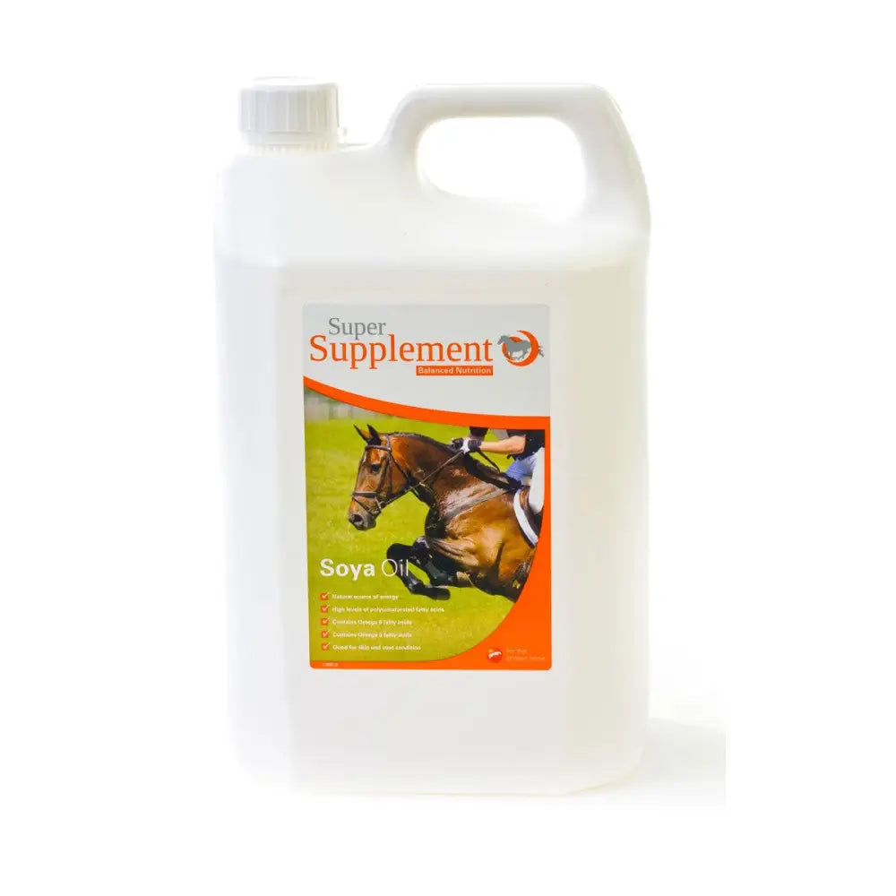 White plastic jug of super supplement soya oil with orange green label featuring a horse and polyunsaturated fatty acids