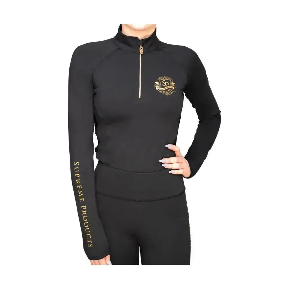 Black long-sleeved rider base layer from supreme products active with gold zipper and matching logo embroidery