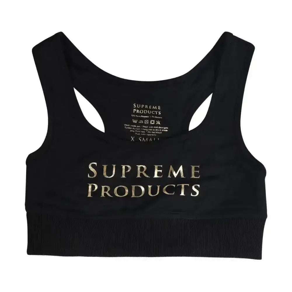 Black athletic rider sports bra with gold foil supreme products active lettering for supreme products sports use