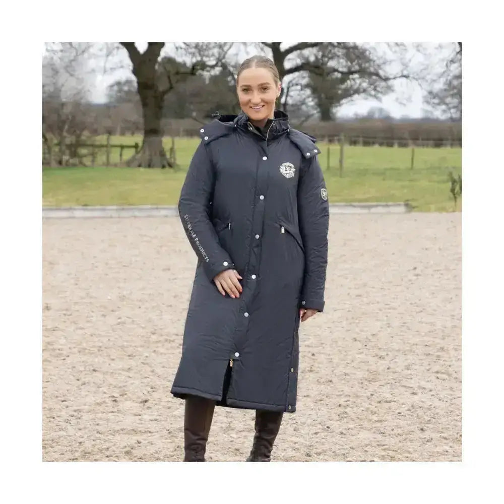 Dark navy rider waterproof coat with hood white buttons and embroidered logos from supreme products active