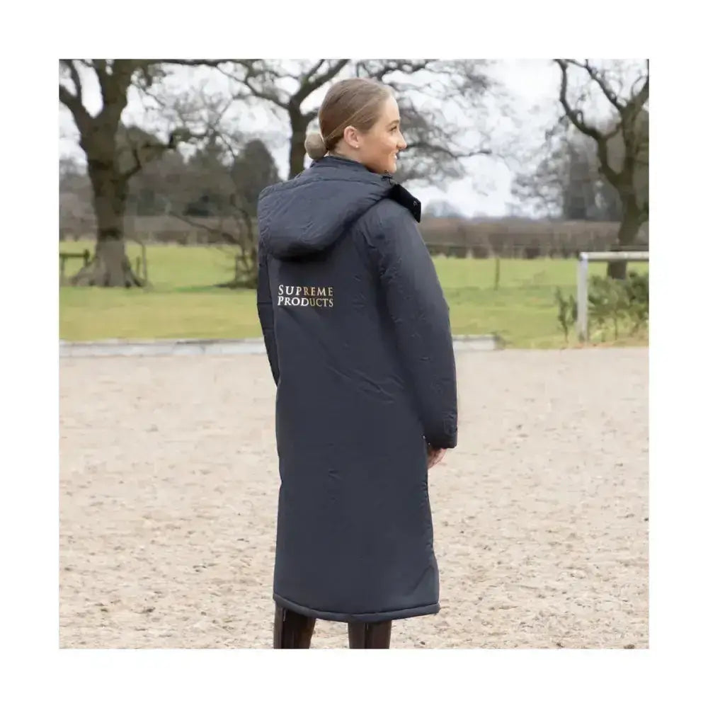 Dark navy blue insulated rider waterproof coat with hood and supreme products active logo on back side