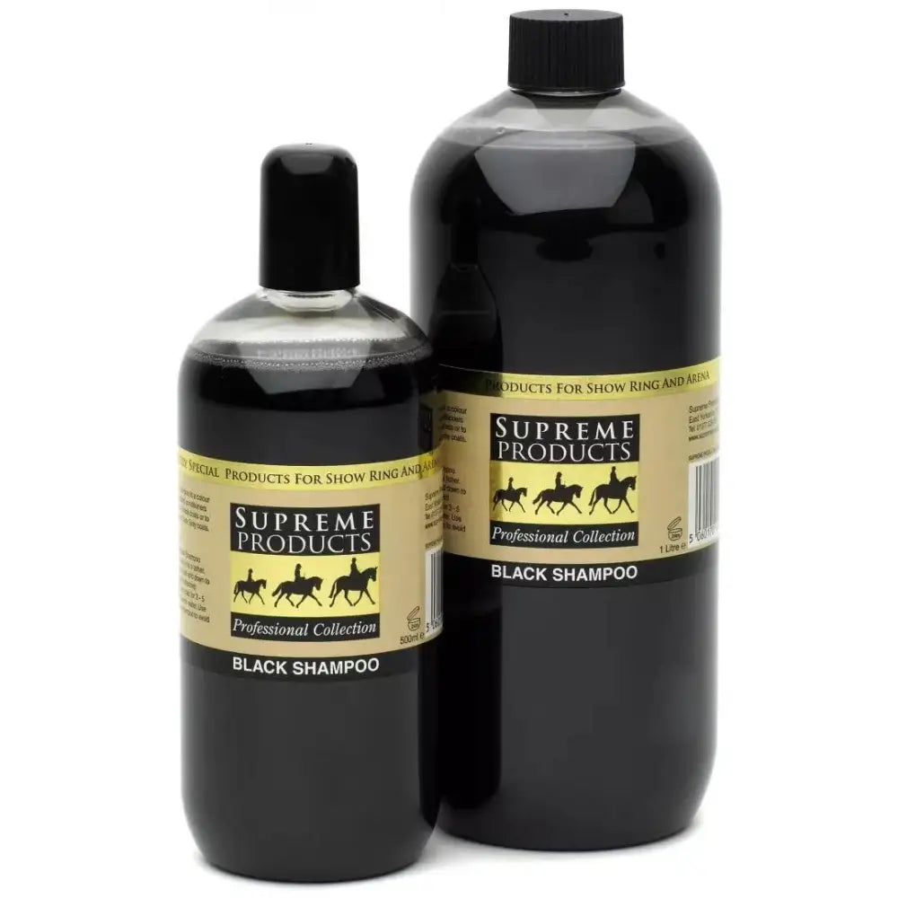 Two black plastic bottles of supreme products black shampoo deepens colour with gold labels and rider silhouettes