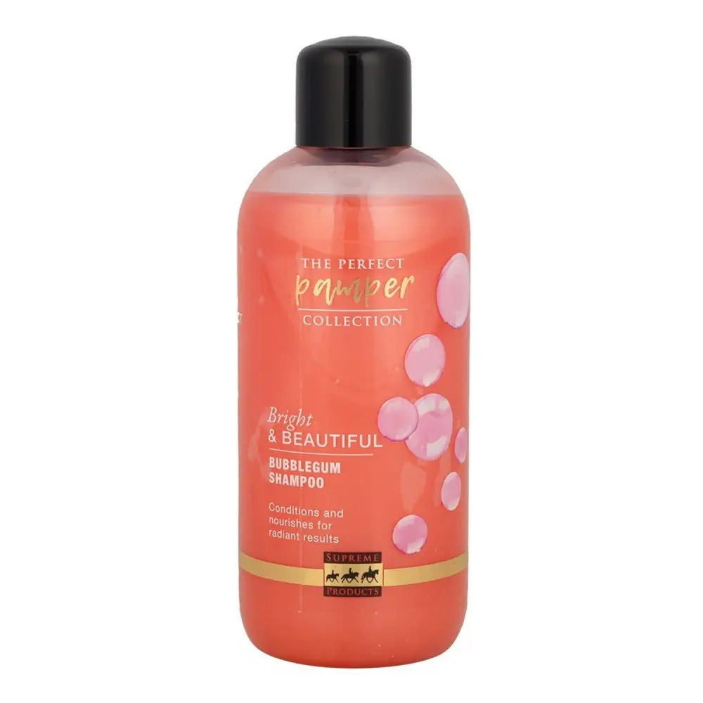 A vibrant coral bottle of supreme products bright and beautiful bubblegum shampoo with wheat germ extract and pink bubble graphics