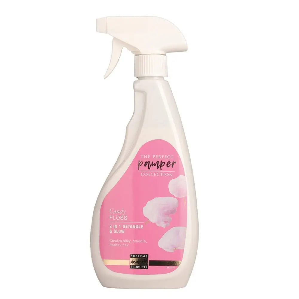 A white spray bottle with a pink cotton candy label from supreme products candy floss 2 in 1 detangle and glow