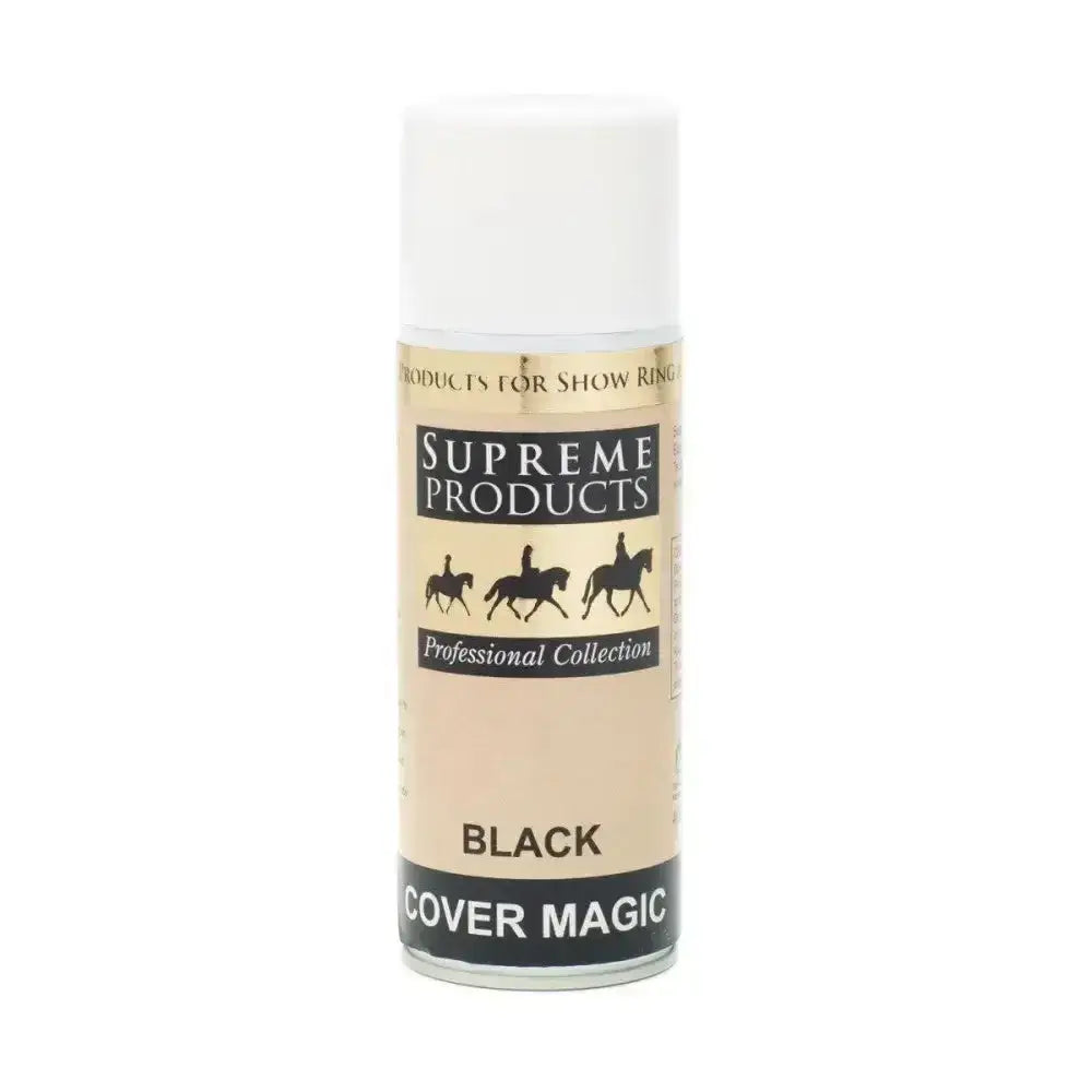 A sleek white aerosol can of supreme products cover magic professional black spray paint for stray coloured hairs and minute stains