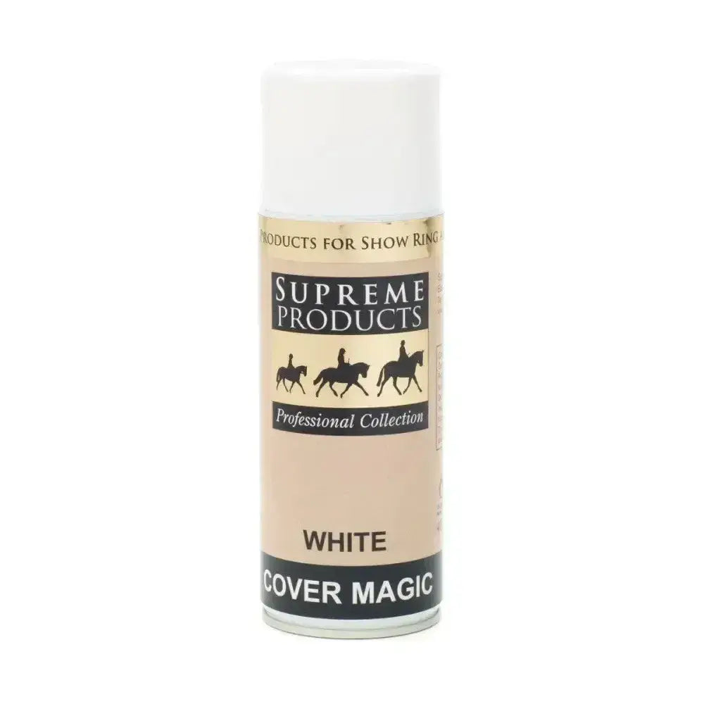 White aerosol can of supreme products cover magic professional spray paint for hiding stray coloured hairs and minute stains in show rings