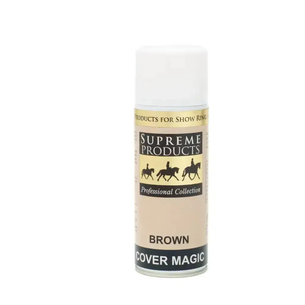 Brown aerosol can of supreme products cover magic professional spray for hiding stray coloured hairs and minute stains in show rings