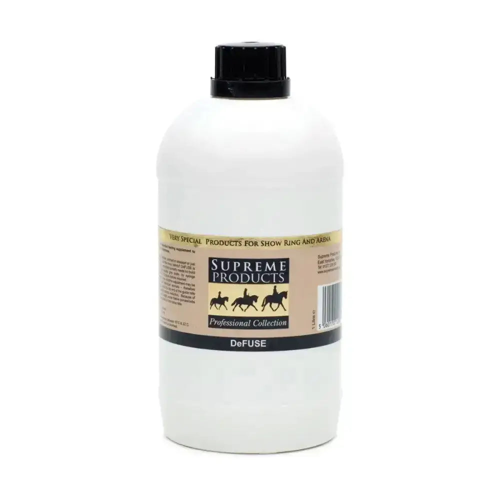 White plastic bottle with black cap and beige label of supreme products defuse vitamin based supplement to calm nervous animals