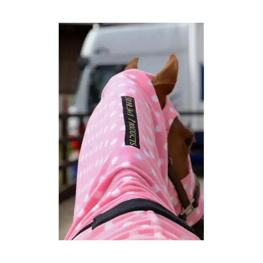 Pink polka-dot supreme products dotty fleece hood with black trim and dreamy products label