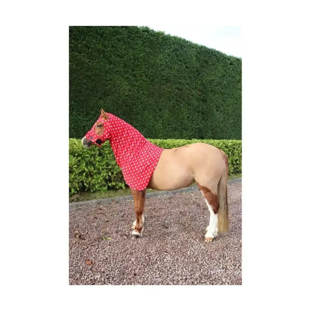 Supreme products dotty red polka-dot horse fly mask in soft fleece hood for fly protection and comfort