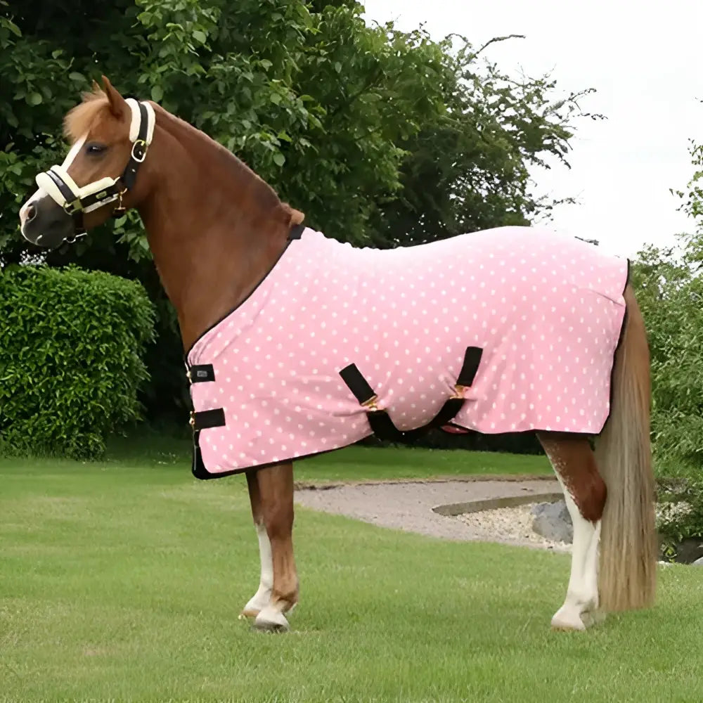 Pink polka dot horse blanket supreme products dotty fleece rug with black straps and versatile soft fleece trim