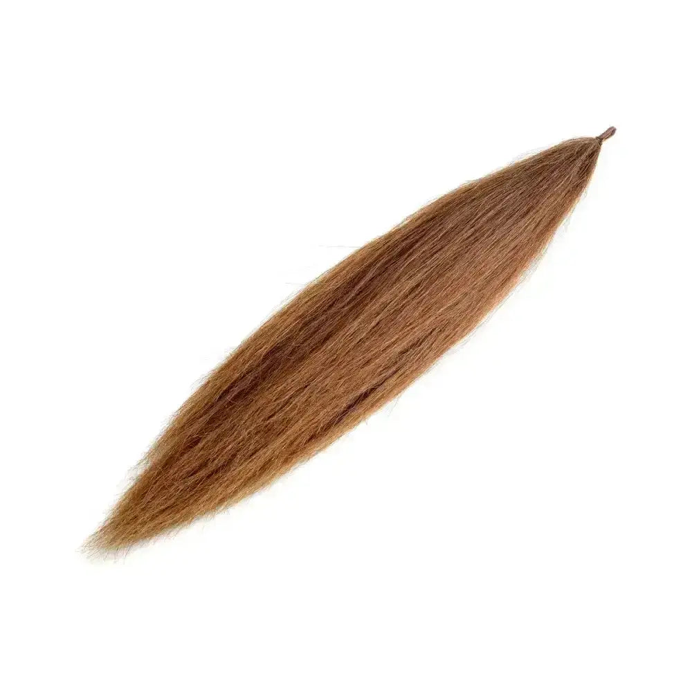A supreme products double false tail medium brown synthetic hair extension with smooth texture and tapered ends