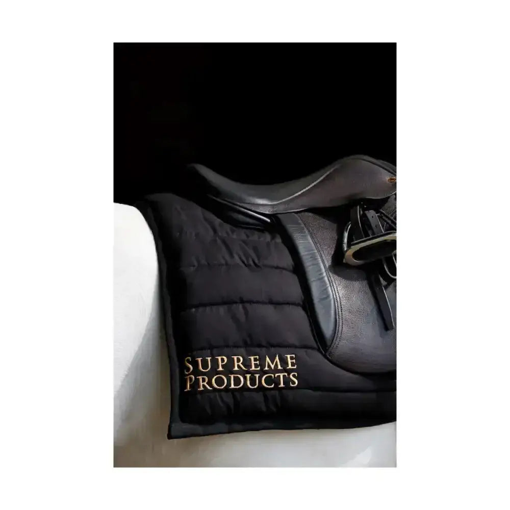 Black quilted saddle pad with supreme products exercise embroidered in gold perfect practical exercise pad