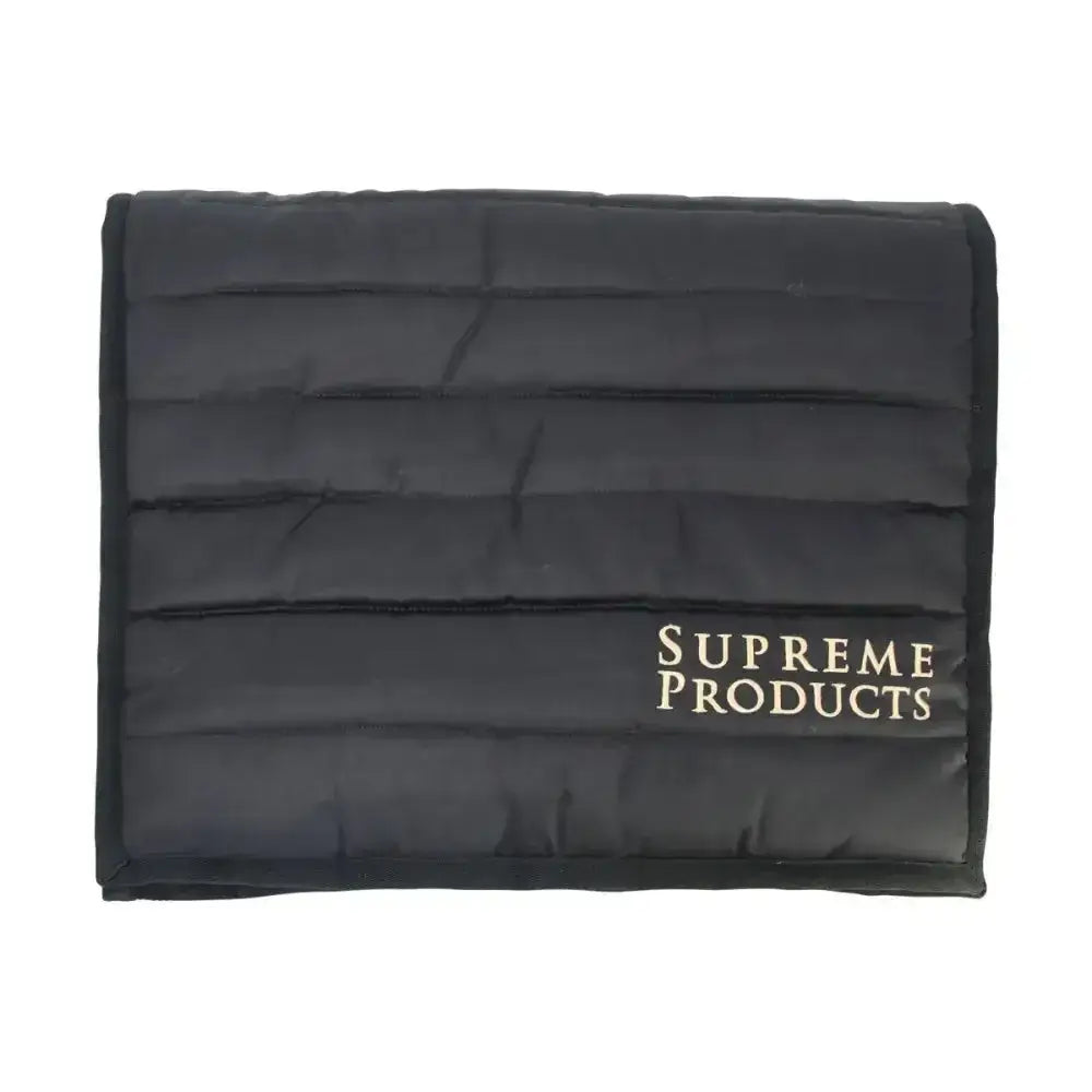 Black quilted rectangular supreme products exercise pad with gold embroidered logo perfect practical exercise pad
