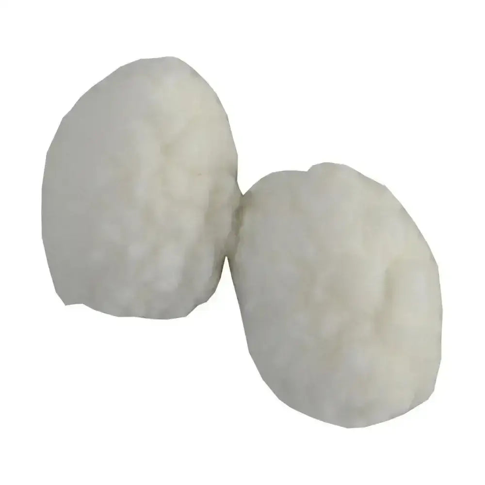 Two off-white plush supreme products fleece earplugs with a fluffy texture designed for horse size comfort