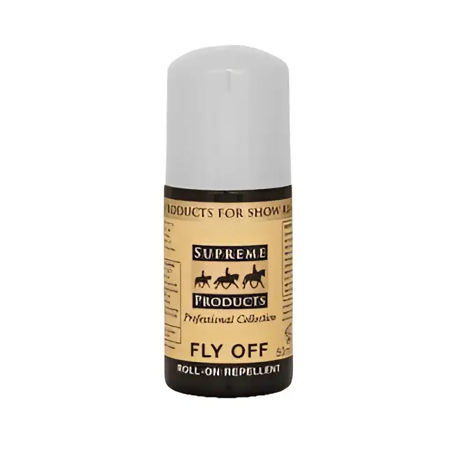 A compact tan supreme products fly roll-on fly repellent with white cap and horse silhouettes for dual action use