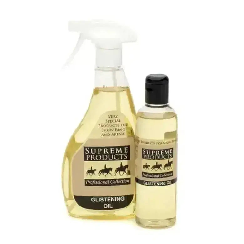 Clear plastic spray and small bottle of supreme products glistening light grooming oil with golden-yellow liquid and black caps