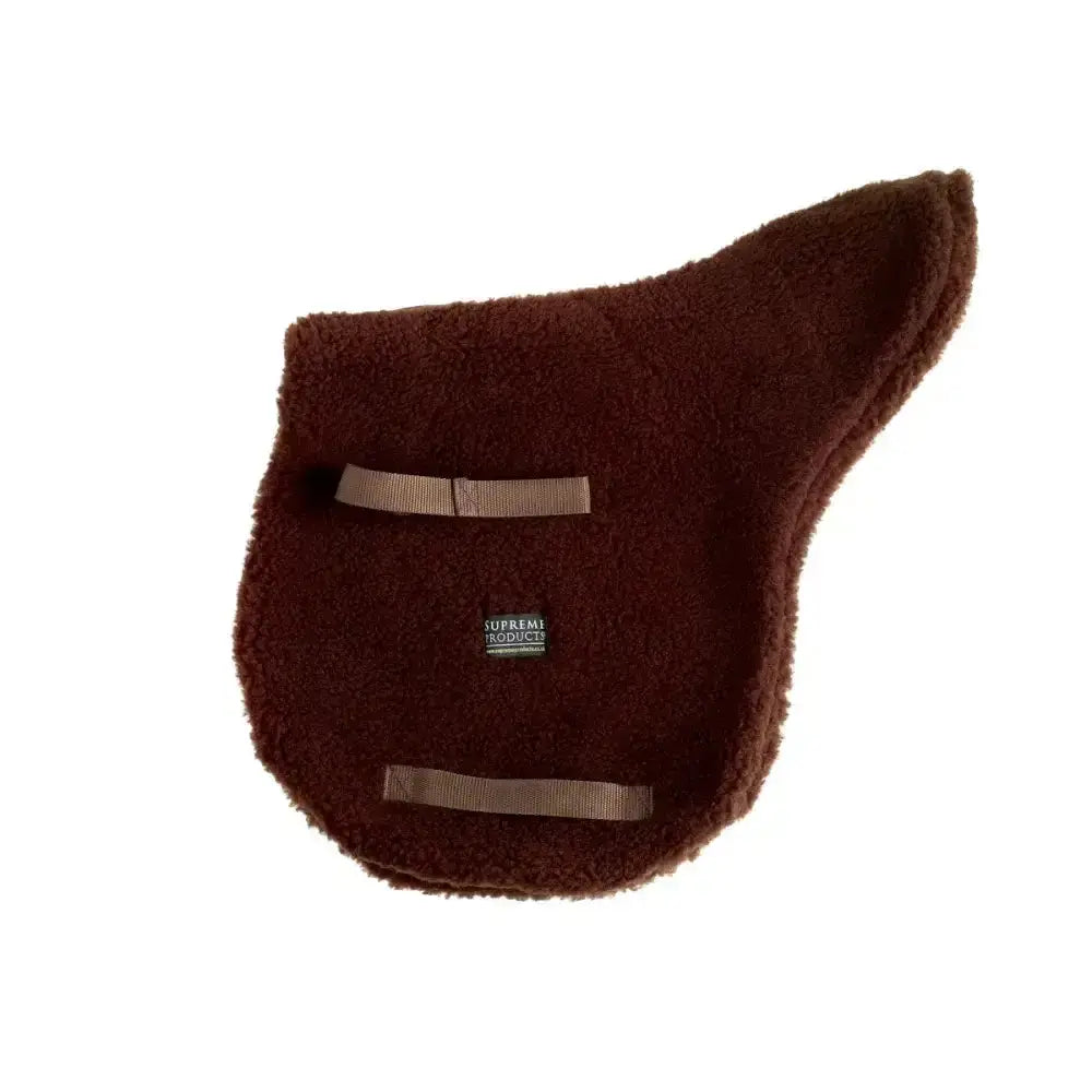 Brown plush fleece numnah with two tan straps and supreme products label ideal as a double fleece numnah