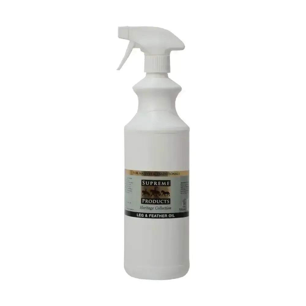 White plastic spray bottle of supreme products heritage collection leg and feather oil for grooming and care