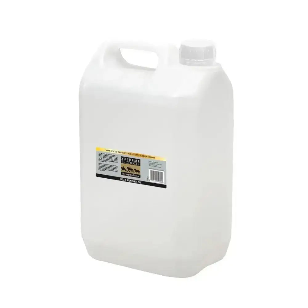 White plastic jug with handle and cap labeled supreme products heritage collection leg and feather oil for leather care