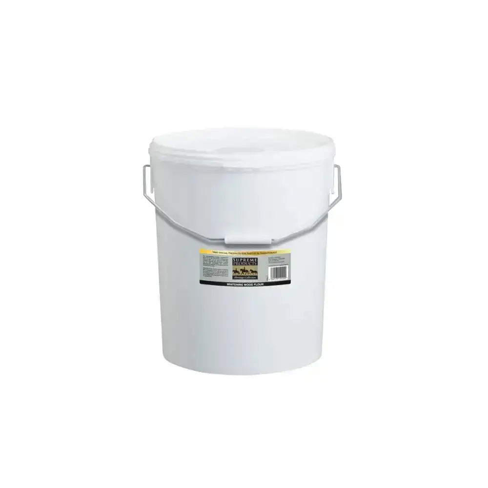 White plastic bucket with metal handles labeled supreme solutions for supreme products heritage collection whitening wood flour