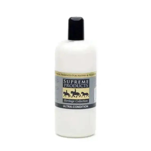 White plastic bottle with black cap labeled supreme products heritage ultra-condition to revitalise tired brittle mane