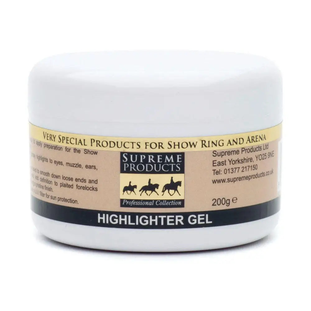 White cylindrical jar of supreme products highlighter gel 200g perfect for quarter marks and glowing skin