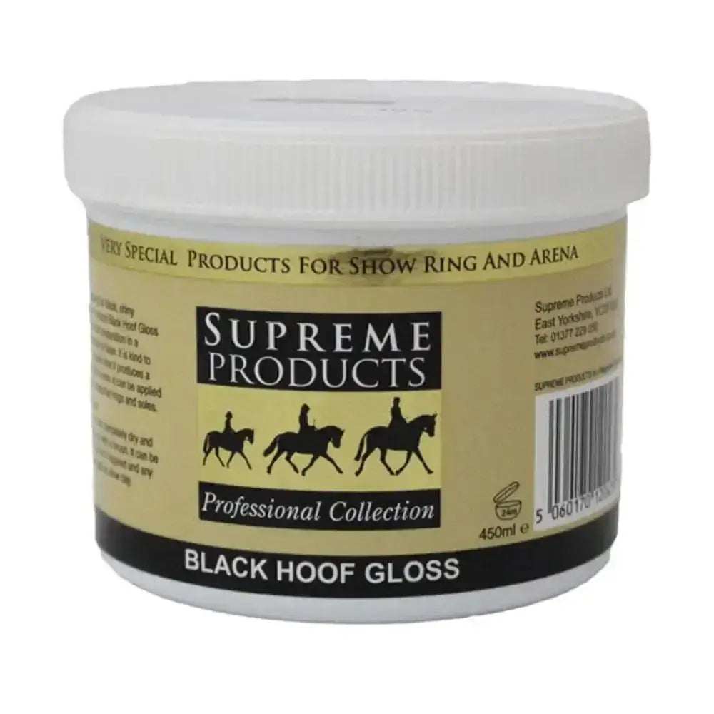 A beige and black labeled container of supreme products hoof gloss with a white plastic lid for shiny hooves