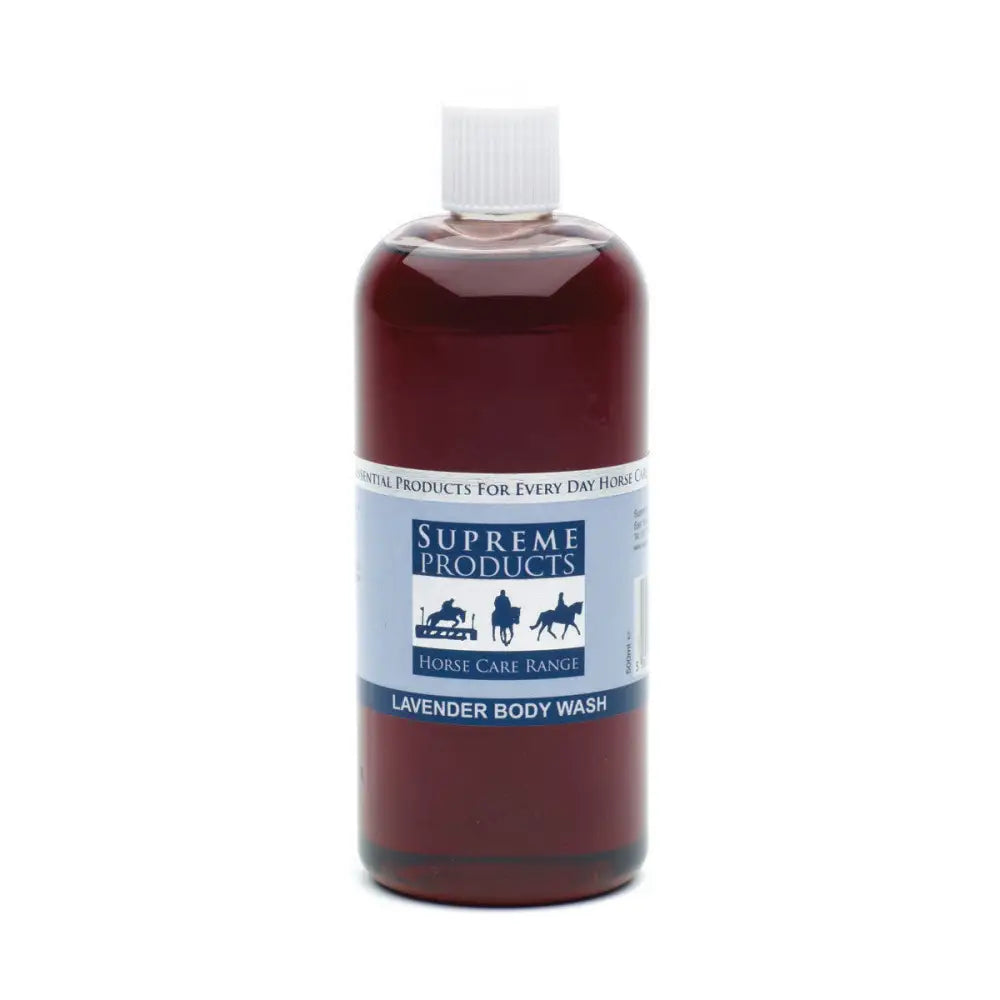 A bottle of supreme products lavender body wash with dark purple liquid and a white cap for a relaxing body wash experience