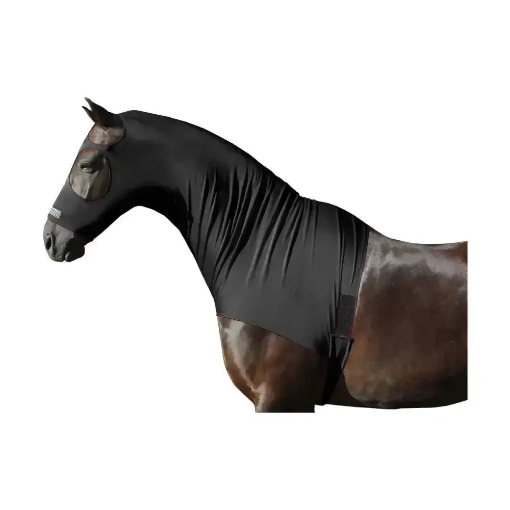 Black elastic horse fly mask with mesh eye openings from supreme products lycra hoods for fly protection