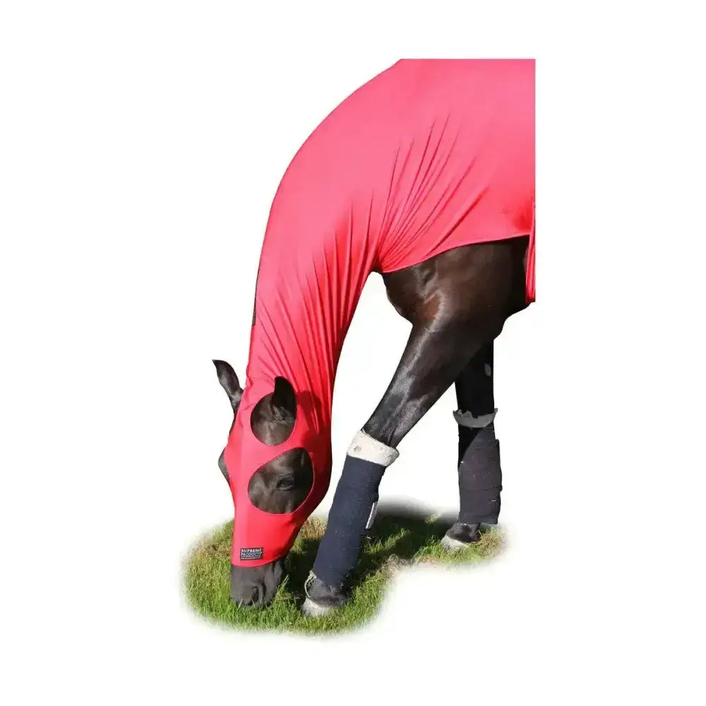 Bright pink supreme products lycra horse fly mask with eye and nostril openings made of stretchy fabric